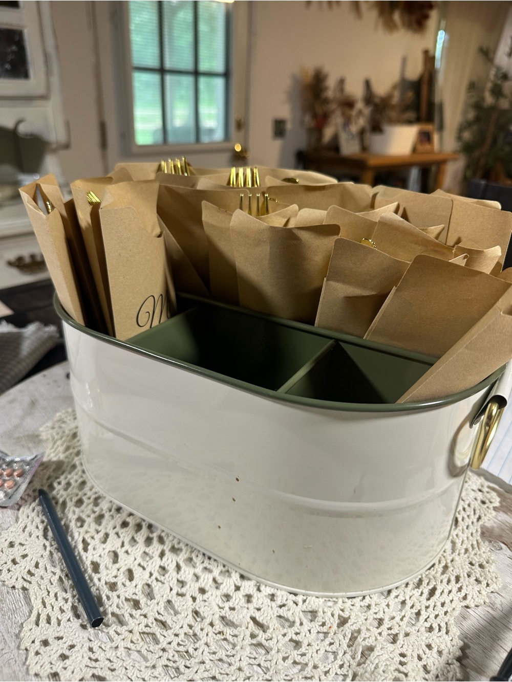Cream Metal Organizer Tote with Olive Green Interior